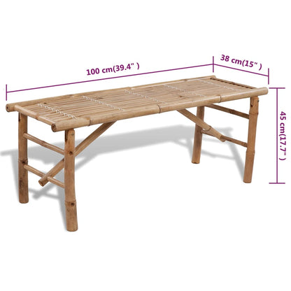 Detail van de vidaXL bamboe biertafel met afmetingen en zijaanzicht.