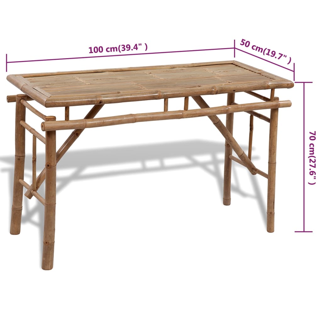 Detail van de vidaXL biertafel van bamboe met afmetingen en zijaanzicht.