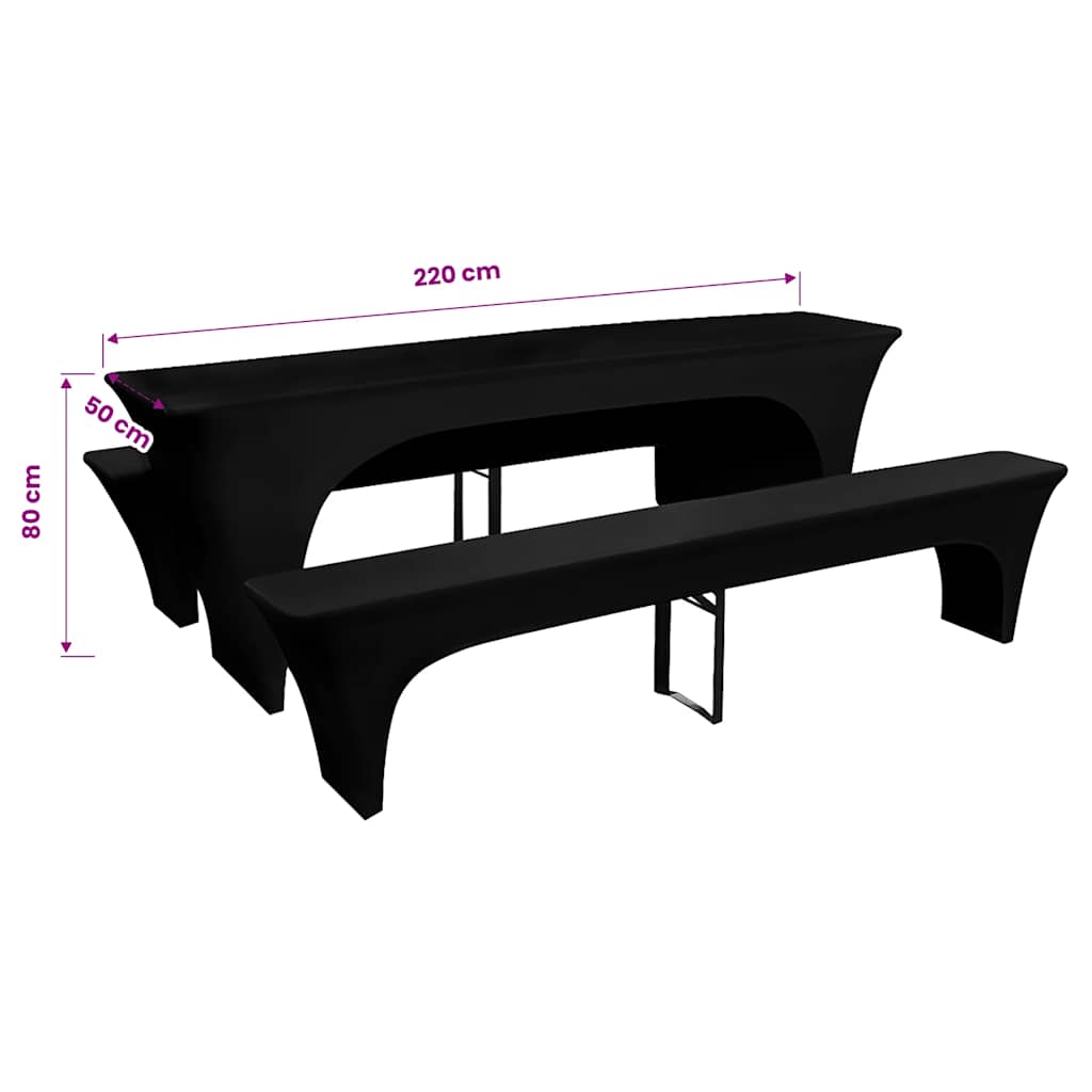 Detailweergave van de vidaXL stretch hoes in zwart voor biertafel en banken, met afmetingen.