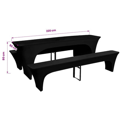 Detailweergave van de vidaXL stretch hoes in zwart voor biertafel en banken, met afmetingen.