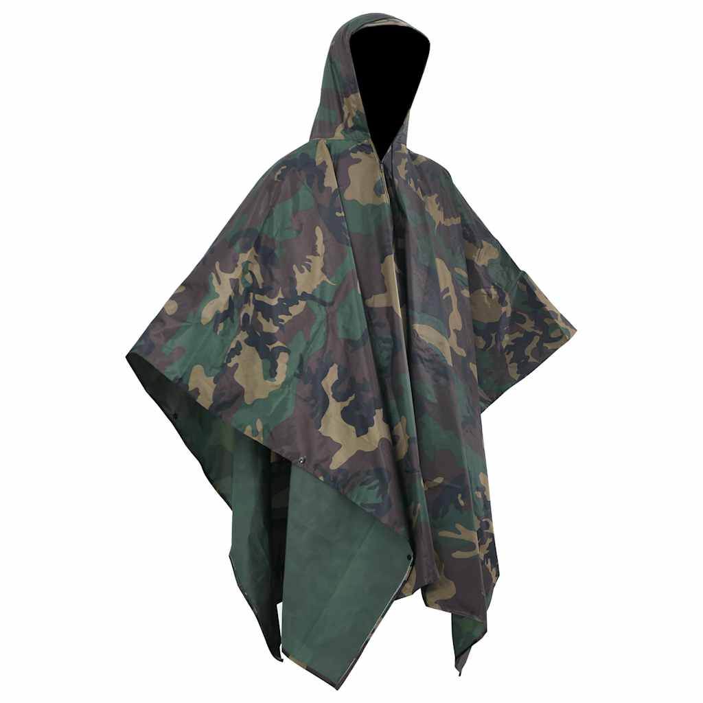 Camouflage vidaXL regenponcho met capuchon, zijaanzicht van het ontwerp.