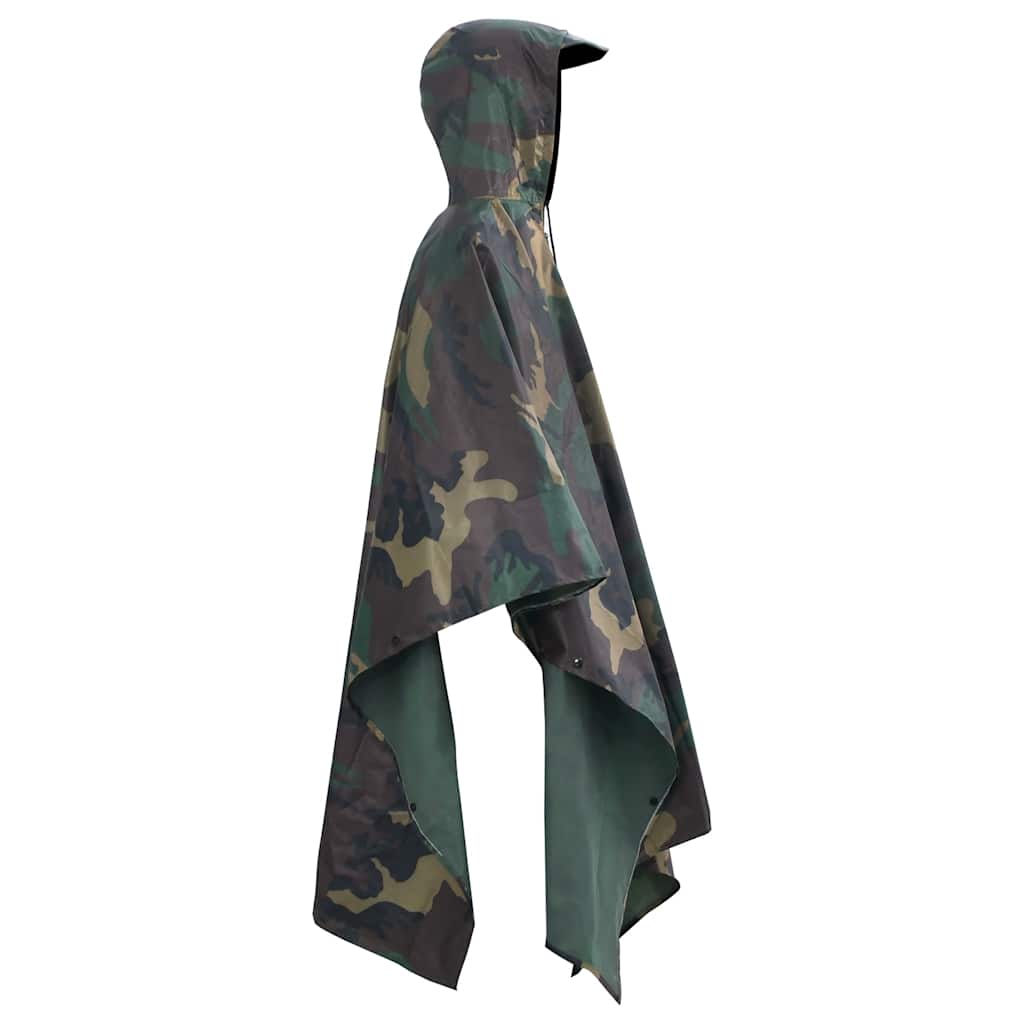 Zijaanzicht van de vidaXL camouflage regenponcho met capuchon en ruime pasvorm.