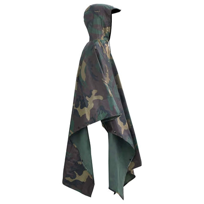 Zijaanzicht van de vidaXL camouflage regenponcho met capuchon en ruime pasvorm.