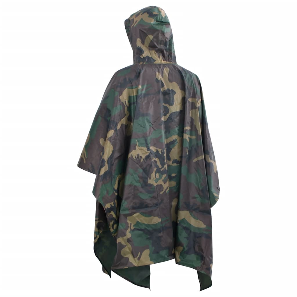 Achteraanzicht van de vidaXL camouflage regenponcho met capuchon.