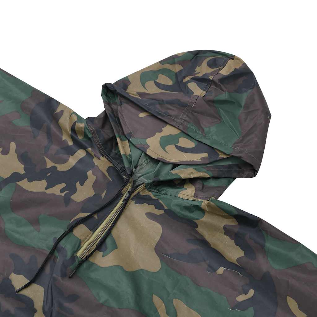 Detail van de vidaXL regenponcho in camouflage met capuchon en trekkoord.
