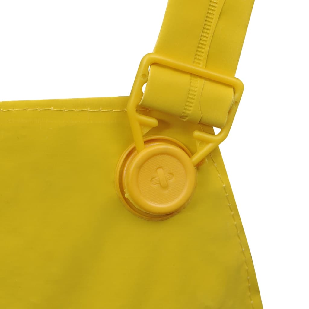 Detail van de gele vidaXL regenpak sluiting met verstelbare clip en stevige rits.