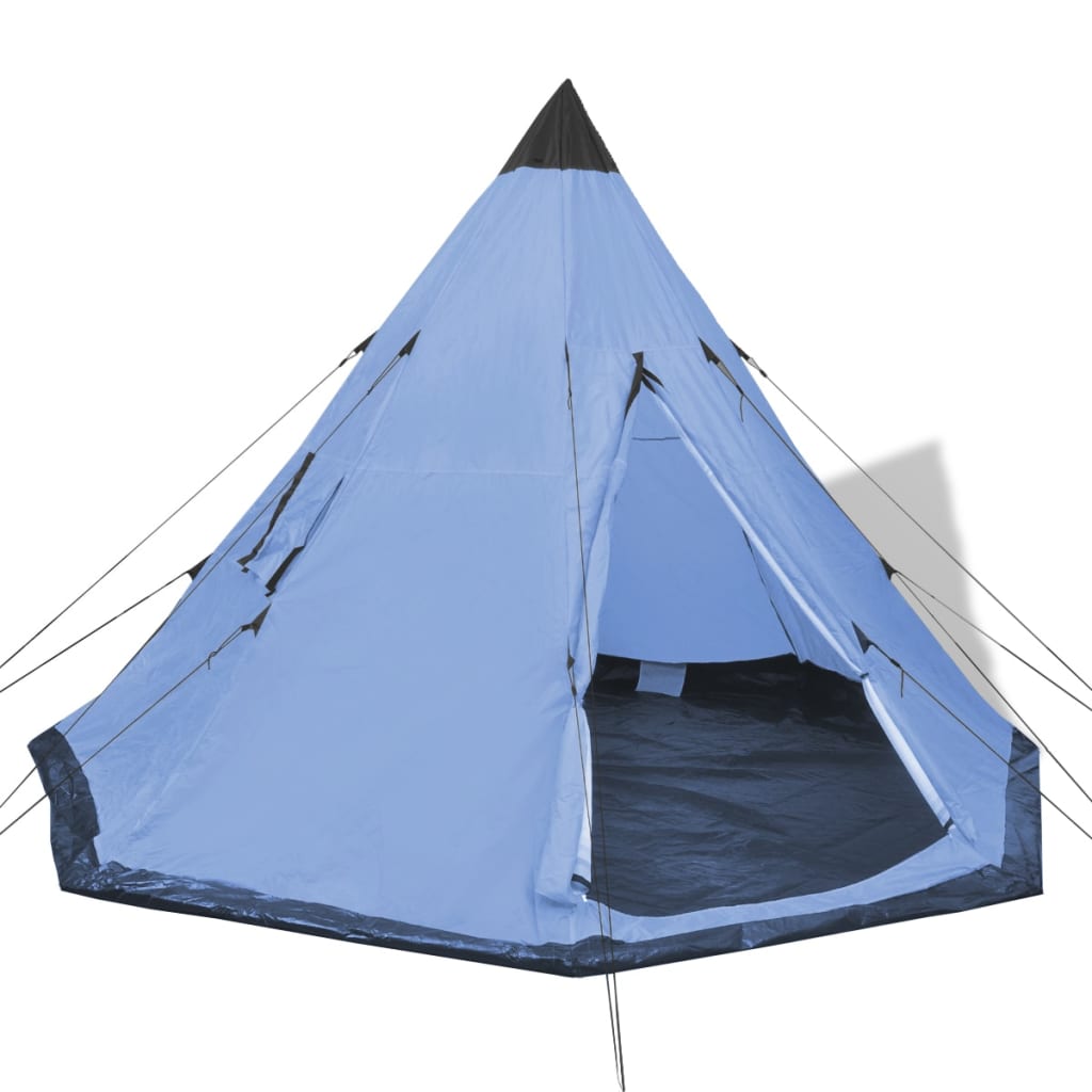 Blauwe vidaXL 4-persoons kampeertent met Tipi-uitstraling en open ingang.