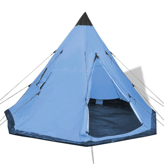 Blauwe vidaXL 4-persoons kampeertent met Tipi-uitstraling en open ingang.
