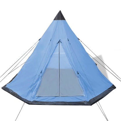 Blauwe vidaXL 4-persoons kampeertent met Tipi-uitstraling, zijaanzicht en open ingang.