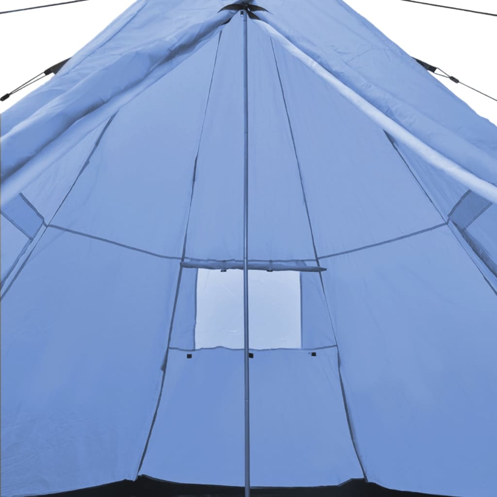 Detail van de blauwe vidaXL 4-persoons tent met een raam en tentstructuur.