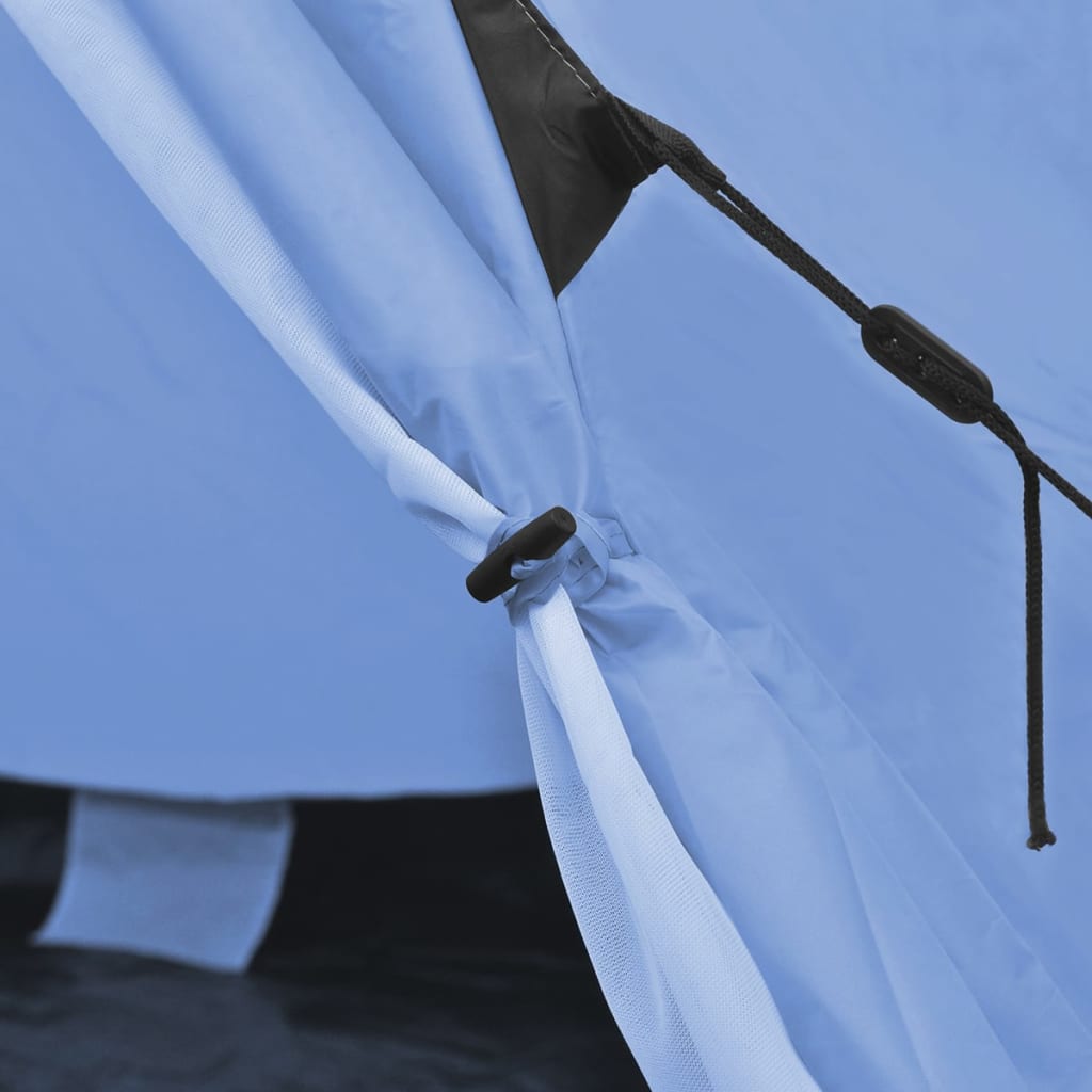 Detail van de blauwe vidaXL 4-persoons kampeertent met bevestigingsclip en stofrand.