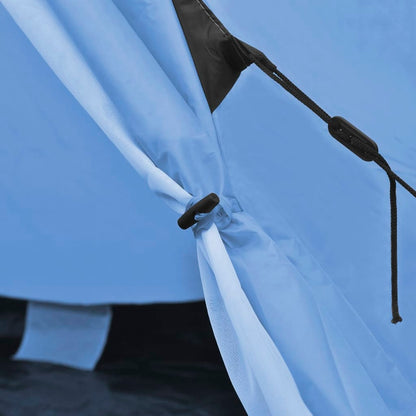 Detail van de blauwe vidaXL 4-persoons kampeertent met bevestigingsclip en stofrand.