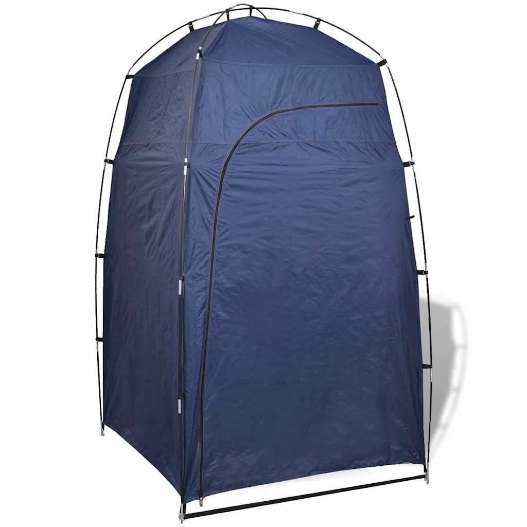 Zijaanzicht van de blauwe vidaXL douchetent met een gebogen dak voor extra privacy.