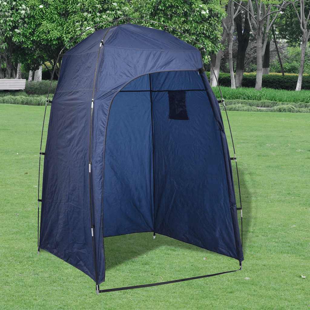Blauwe vidaXL douchetent met overdekt dak, ideaal voor privacy op de camping.