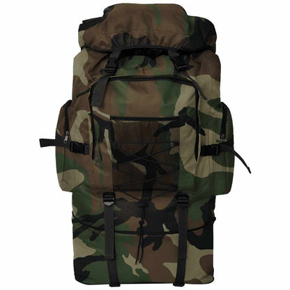 Detail van de vidaXL legerstijl rugzak in camouflage met opbergvakken en verstelbare banden.