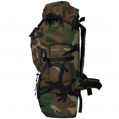 Zijaanzicht van de vidaXL legerstijl XXL rugzak in camouflage met opbergruimte.