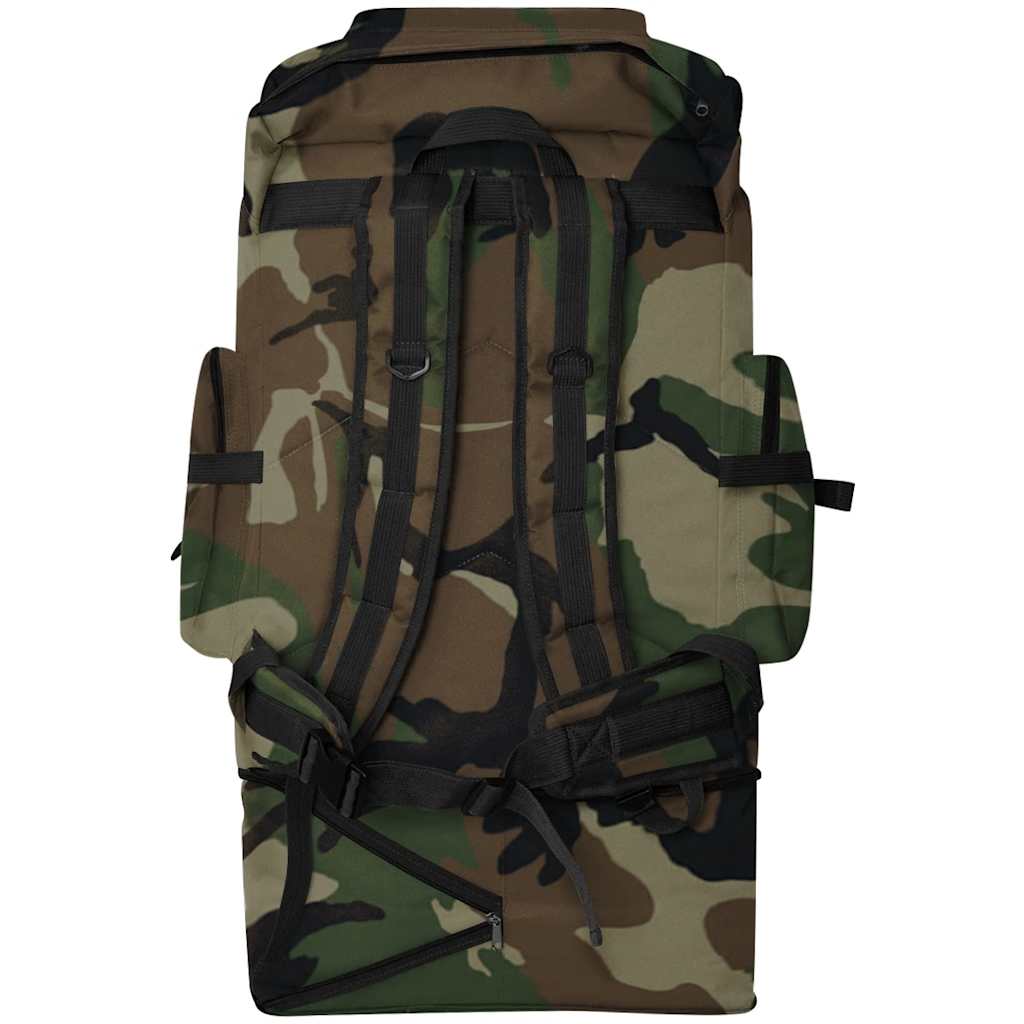 Detail van de achterkant van de vidaXL legerstijl XXL rugzak in camouflagekleur.