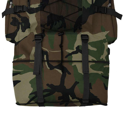 Detail van de camouflageprint en stevige bevestigingsbanden van de vidaXL XXL rugzak.