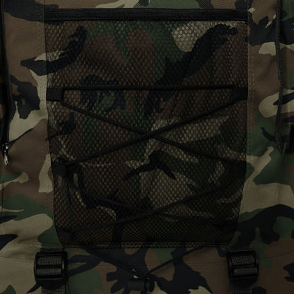 Detail van het camouflagepatroon met een mesh vak en elastische koorden op de vidaXL rugzak.