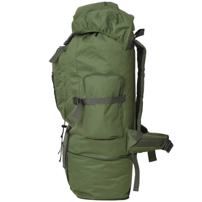 Zijaanzicht van de vidaXL legerstijl XXL 100 L rugzak in groen met opbergvak.