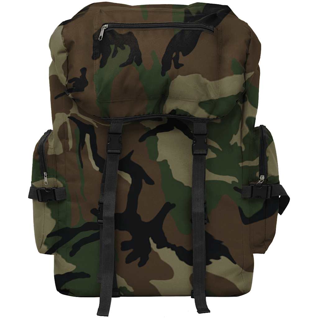 Detail van de vidaXL legerstijl rugzak in camouflage, met dubbele schouderbanden en rits.