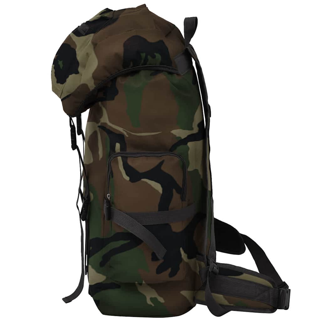 Zijaanzicht van de vidaXL legerstijl rugzak in camouflage met opbergvak.
