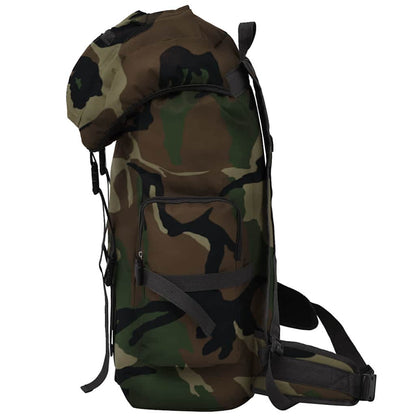 Zijaanzicht van de vidaXL legerstijl rugzak in camouflage met opbergvak.