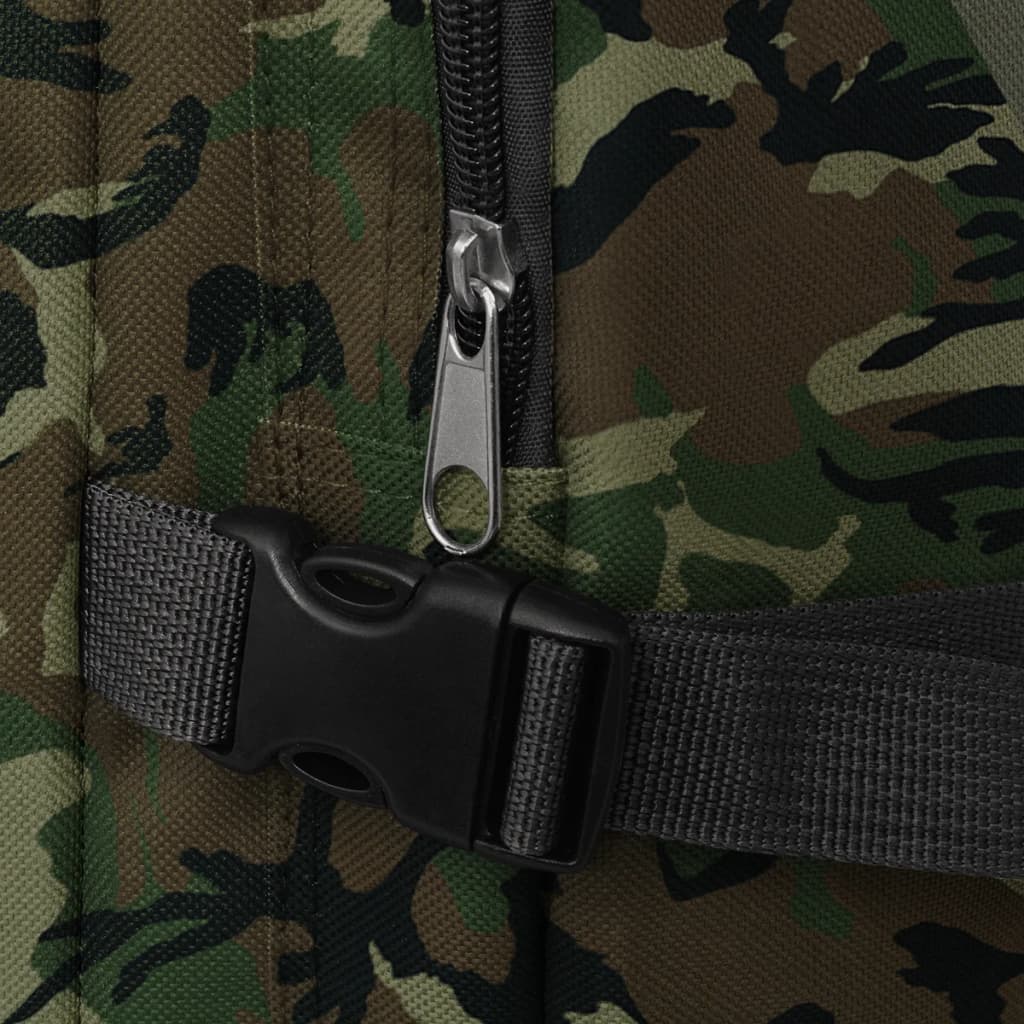 Detail van de camouflage stof met rits en sluiting van de vidaXL rugzak.