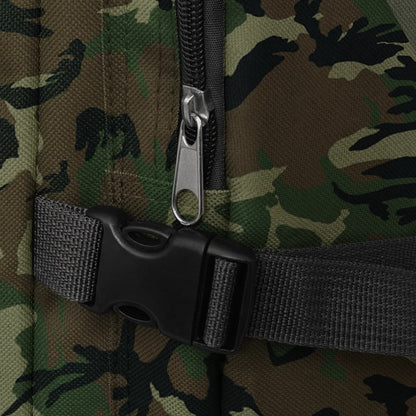 Detail van de camouflage stof met rits en sluiting van de vidaXL rugzak.