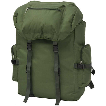 Groene vidaXL legerstijl rugzak van 65 liter met ruime hoofdopening en zijvakken.