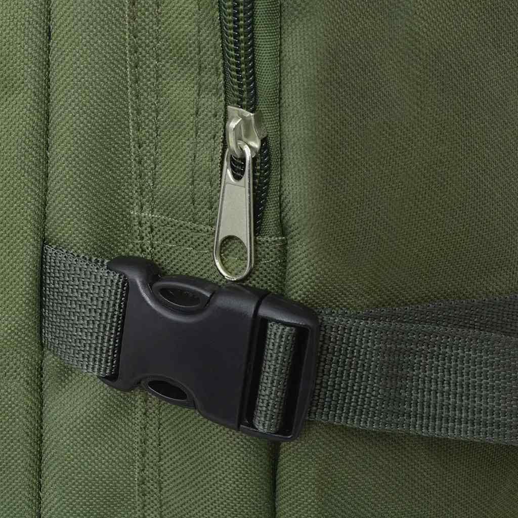 Detail van de sluiting en verstelbare band van de vidaXL legerstijl rugzak in groen.