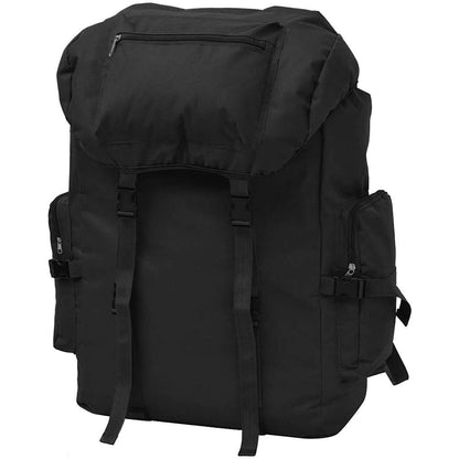 Zwarte vidaXL legerstijl rugzak van 65 liter met waterafstotende coating, achteraanzicht.