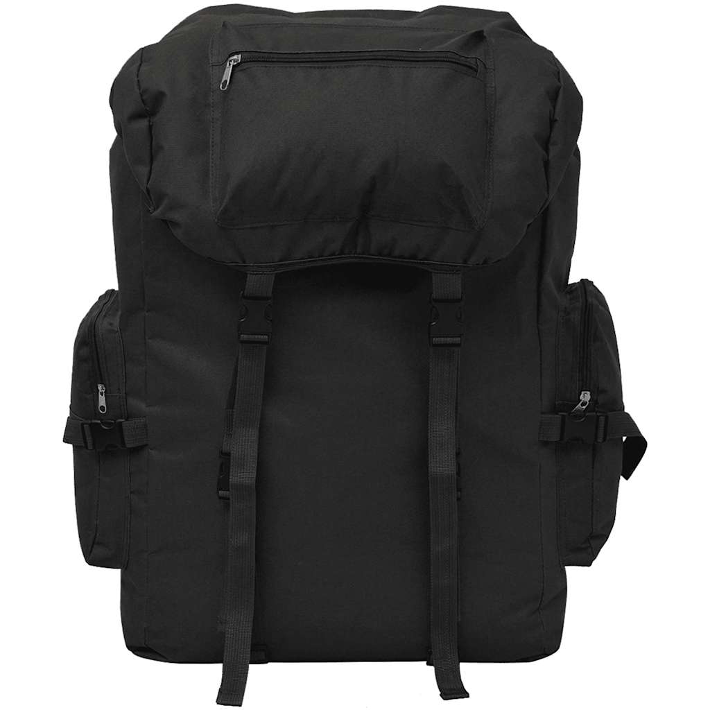 Zwart vidaXL legerstijl rugzak met grote bovenklep en zijvakken, vooraanzicht.
