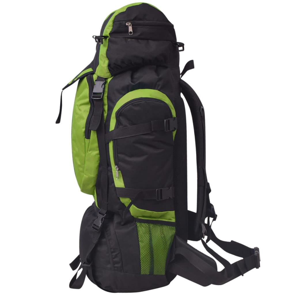 Zijaanzicht van de vidaXL Rugzak hiking XXL 75 L in zwart en groen met stevige gespen.