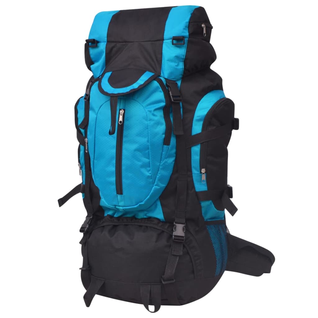 Zwarte en blauwe vidaXL hiking rugzak XXL 75 L met meerdere opbergvakken en gevoerde schouderbanden.