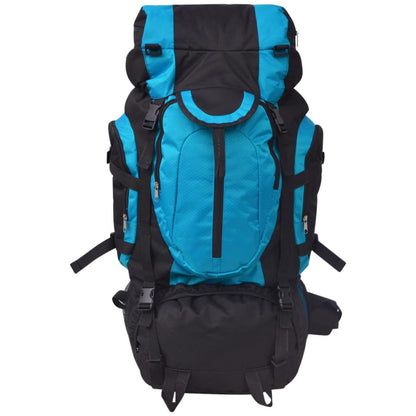Detail van de vidaXL hiking XXL rugzak in zwart en blauw, met meerdere opbergvakken.