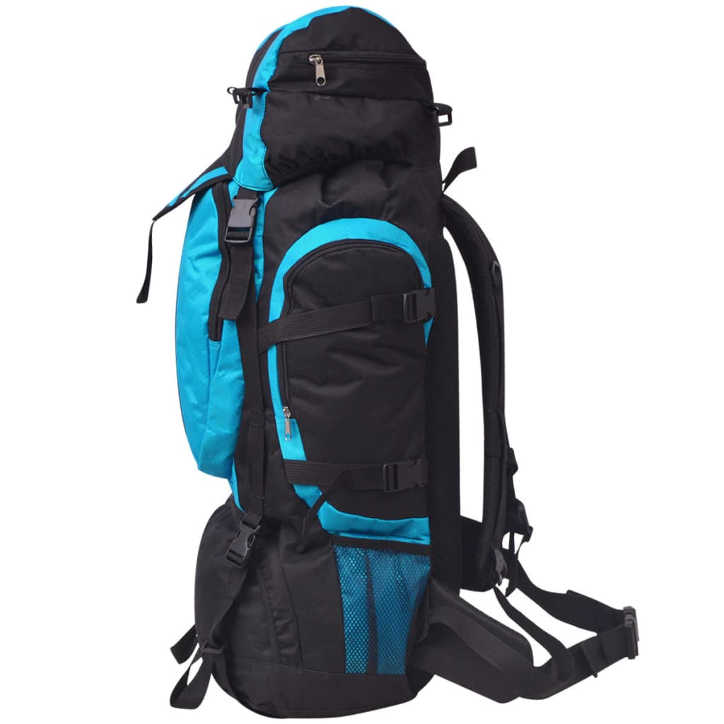 Zijaanzicht van de vidaXL hiking XXL rugzak in zwart en blauw met opbergvakken.