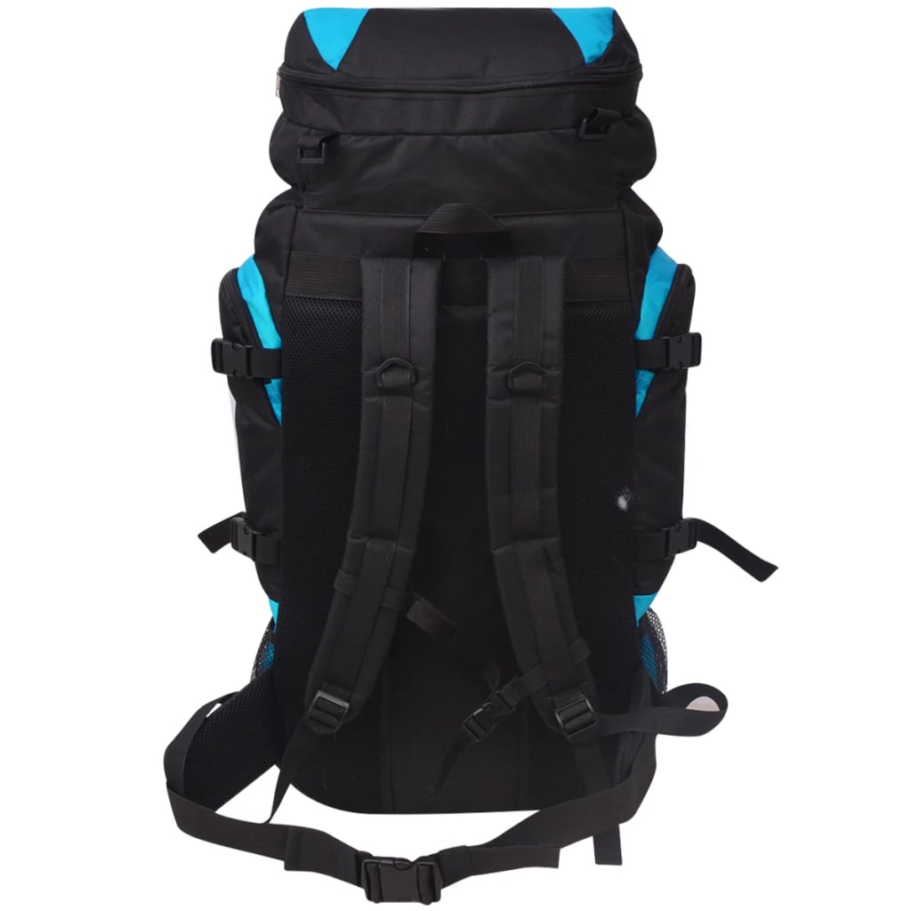 Zijaanzicht van de vidaXL hiking XXL rugzak in zwart en blauw met comfortabele schouderbanden.