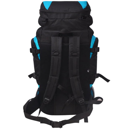 Zijaanzicht van de vidaXL hiking XXL rugzak in zwart en blauw met comfortabele schouderbanden.