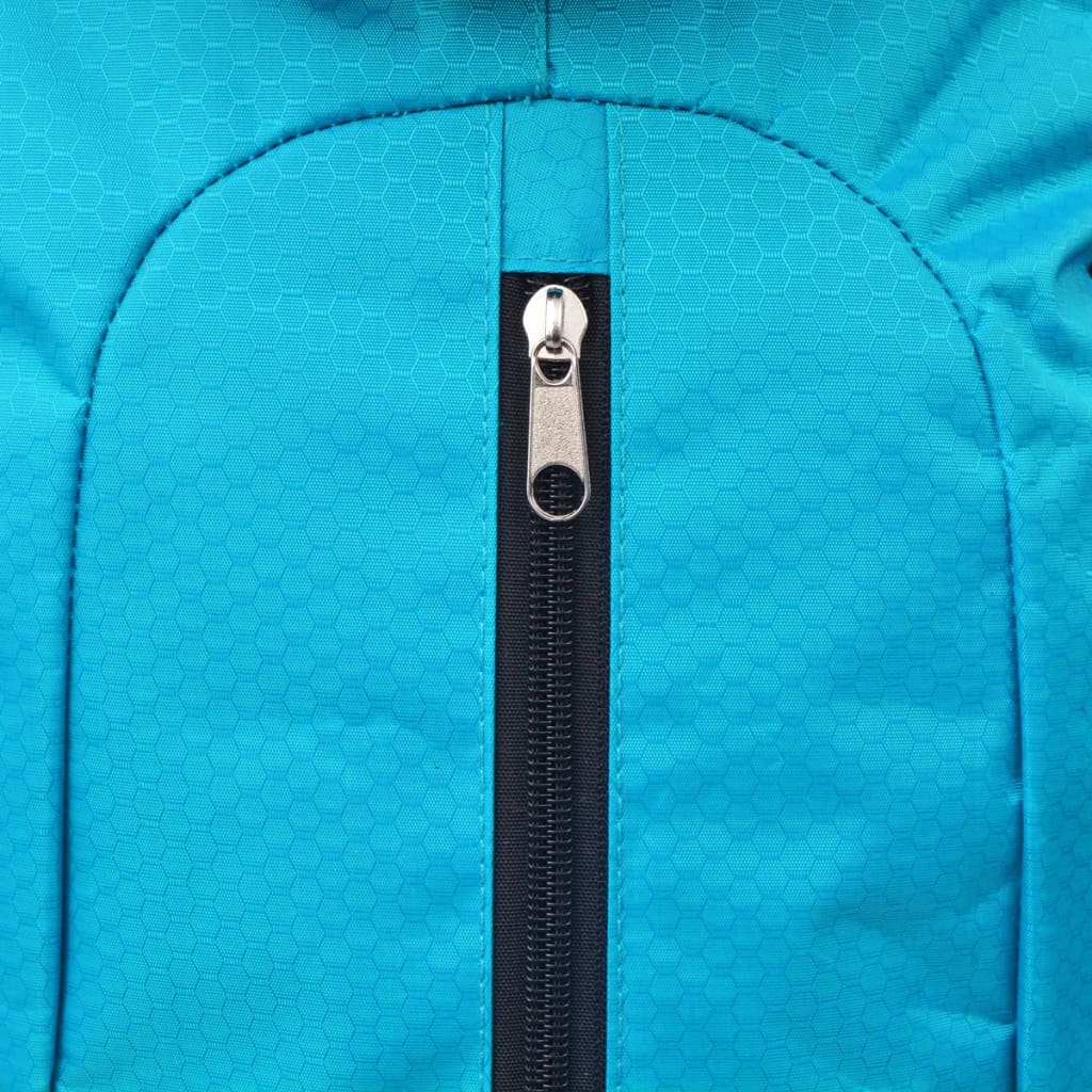 Detail van de blauwe rits van de vidaXL hiking XXL rugzak met hexagonale structuur.