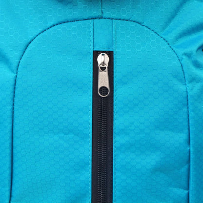 Detail van de blauwe rits van de vidaXL hiking XXL rugzak met hexagonale structuur.