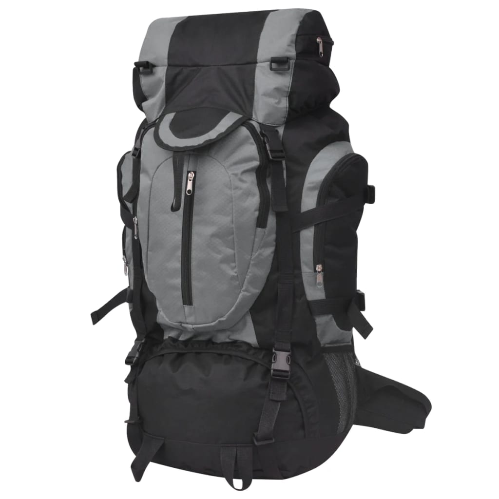 vidaXL hiking XXL rugzak van 75 liter in zwart en grijs, vooraanzicht met meerdere vakken.