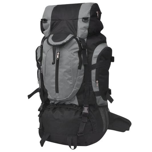 vidaXL hiking XXL rugzak van 75 liter in zwart en grijs, vooraanzicht met meerdere vakken.