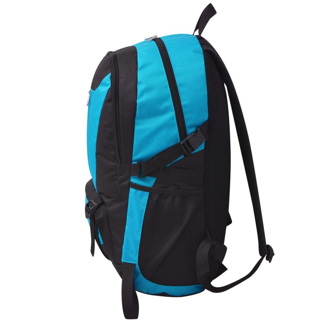 Zijaanzicht van de vidaXL 40 L hiking rugzak in zwart en blauw met verstelbare schouderbanden.