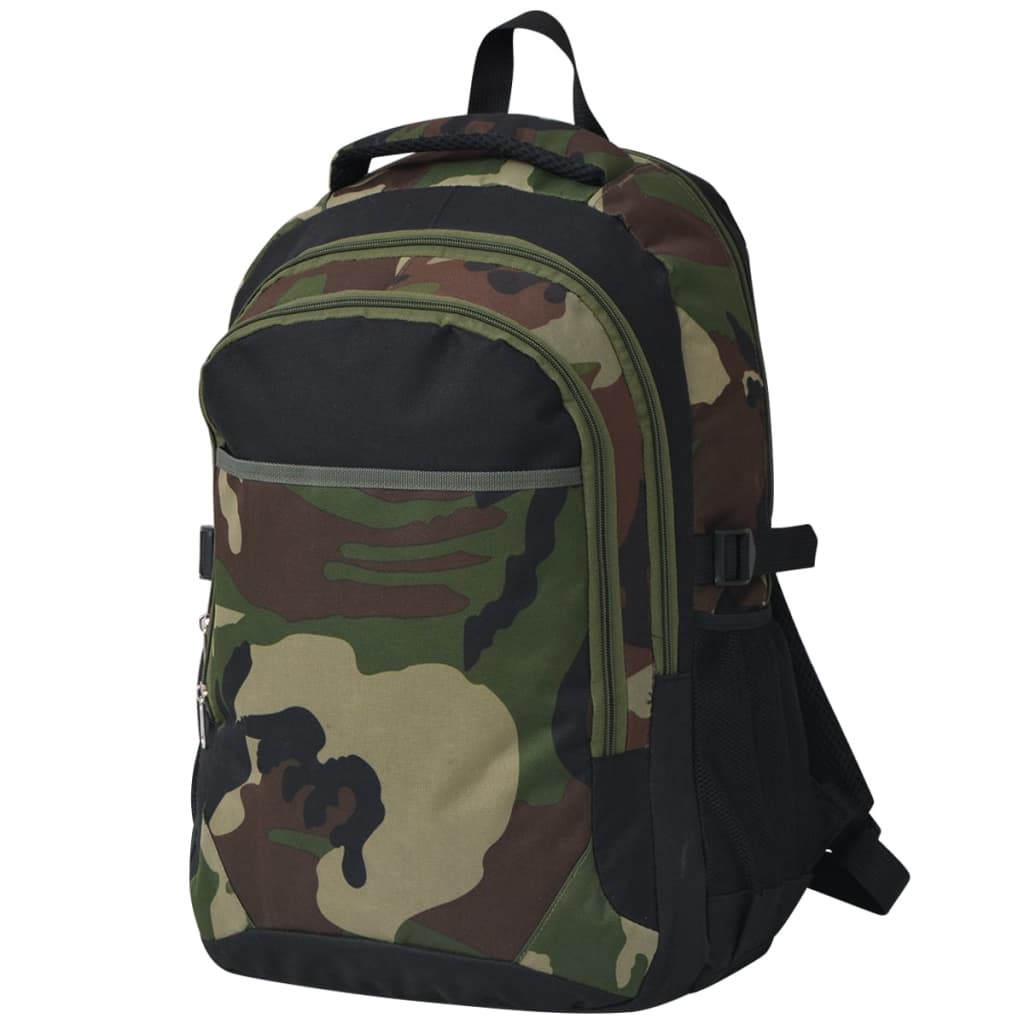 Zijaanzicht van de vidaXL rugzak in camouflage met comfortabele schouderbanden.