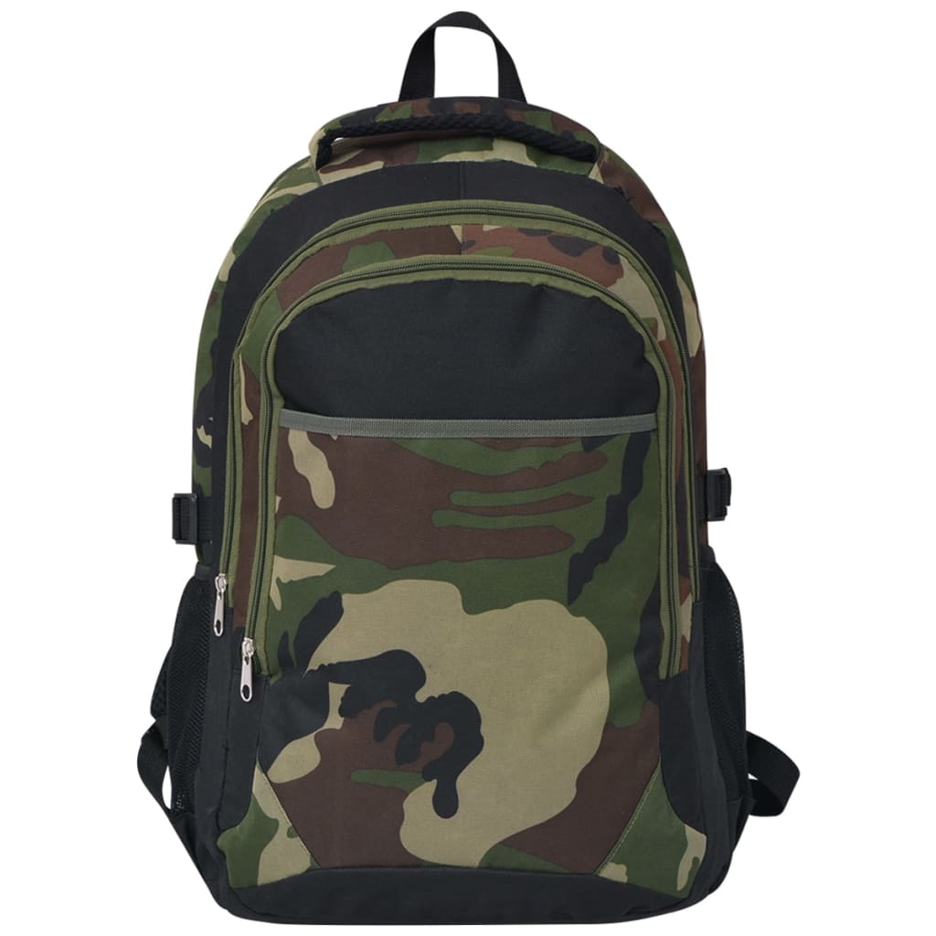 Zijaanzicht van de vidaXL 40 L rugzak in camouflage met voorvak en schouderbanden.
