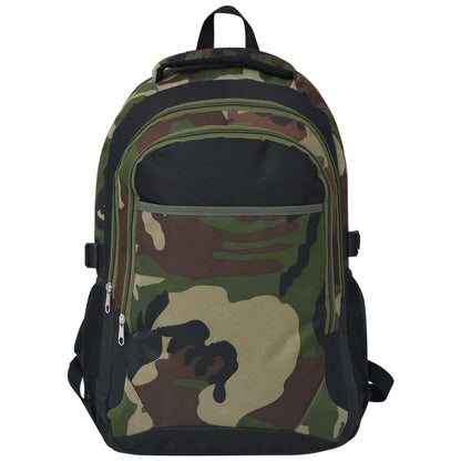 Zijaanzicht van de vidaXL 40 L rugzak in camouflage met voorvak en schouderbanden.