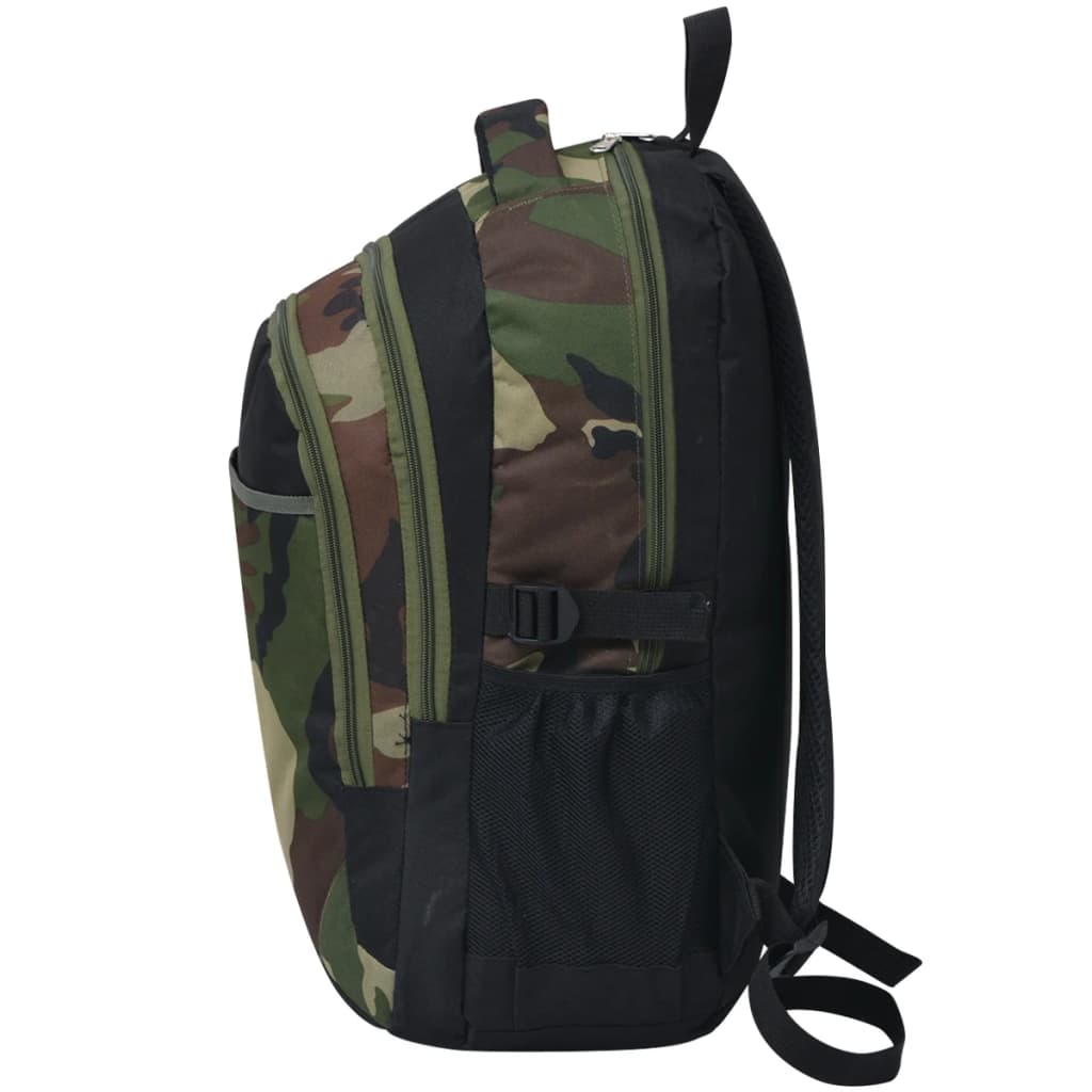 Zijaanzicht van de vidaXL rugzak in zwart en camouflage met opbergvakken.