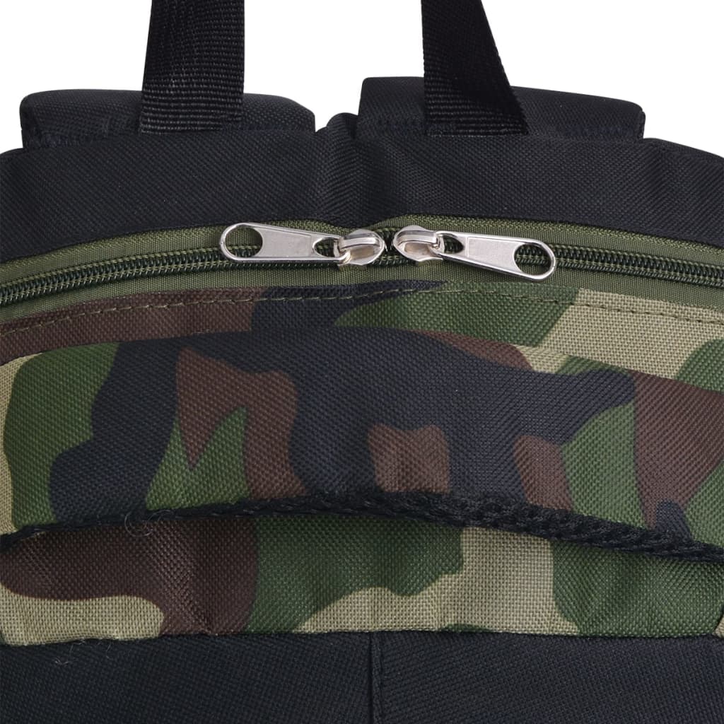 Detail van de camouflage voorkant met rits en opbergvak van vidaXL rugzak.