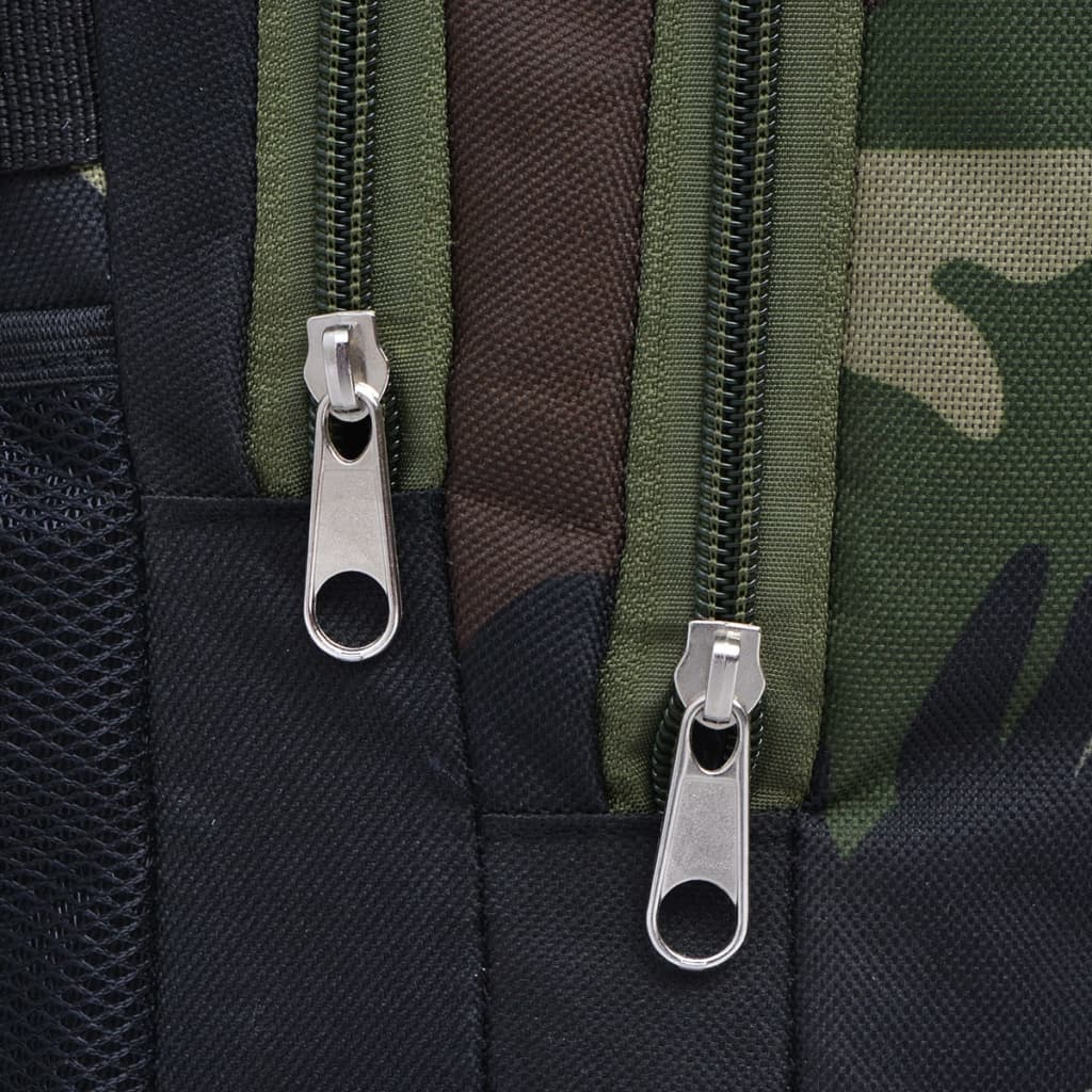 Detail van de ritsen op de vidaXL rugzak in zwart en camouflage.